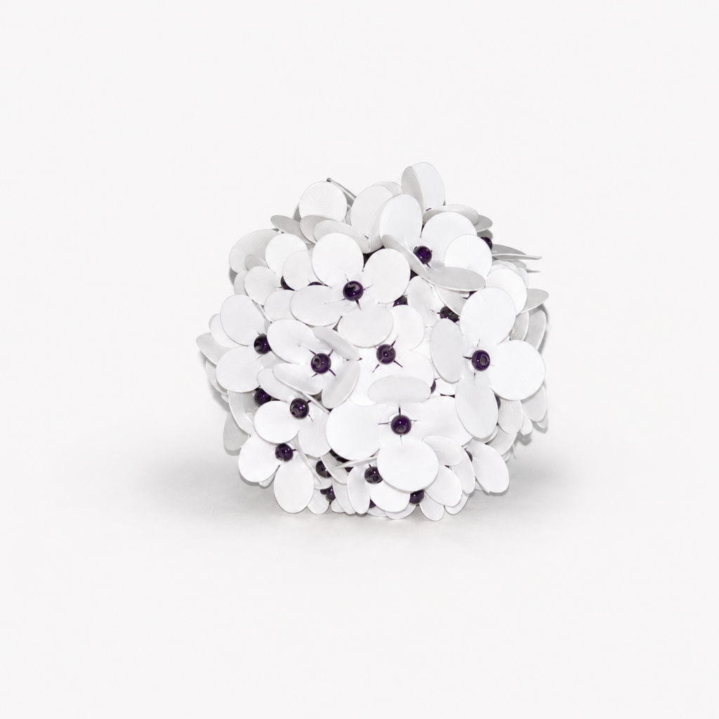 White hydrangea heel jewel with purple rhinestone centers, shown individually on a white background